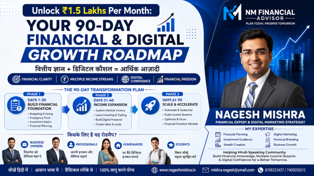 Professional infographic titled "Unlock ₹1.5 Lakhs Per Month: Your 90-Day Financial & Digital Growth Roadmap" featuring a three-phase plan for financial clarity, income expansion, digital growth, wealth creation, multiple income streams, and financial freedom for professionals and entrepreneurs.
